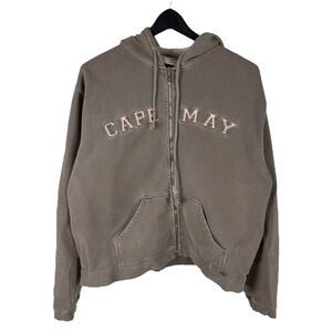 Mens Y2K Cape May Brown Pink Spellout Boxy Full Zip Tourist Hoodie Size L